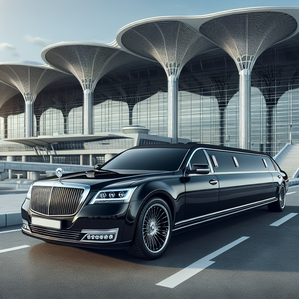 A luxurious black limousine parked in front of Toronto Pearson International Airport, showcasing a sophisticated and seamless travel experience.