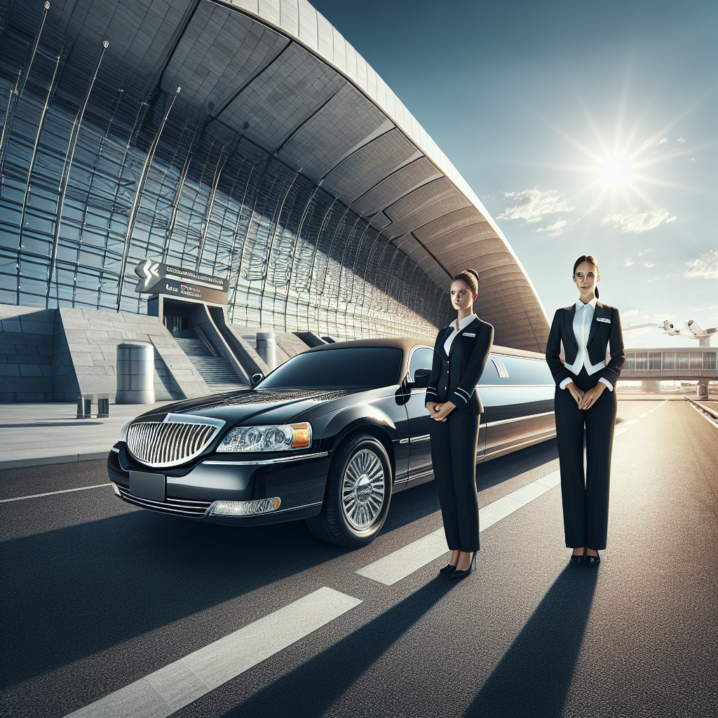 A black limousine with a driver at Toronto Pearson International Airport.