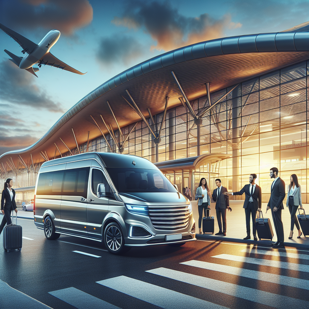 A modern airport shuttle van with professional drivers at an airport terminal in Barrie.