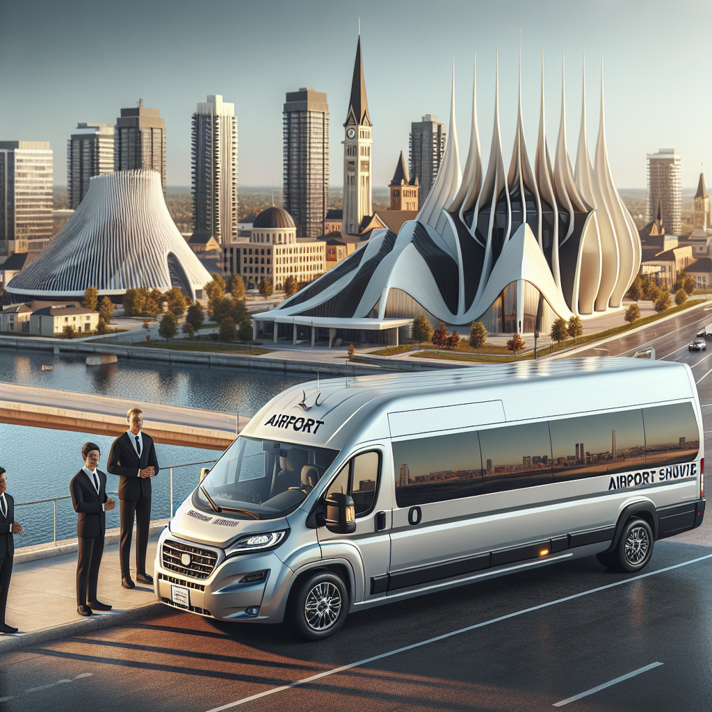 A Barrie airport shuttle service vehicle with professional drivers in a scenic Barrie cityscape.