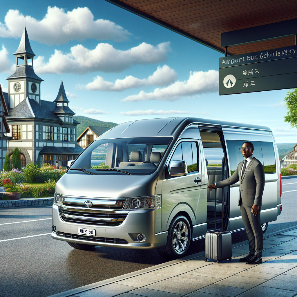 Realistic image of a modern airport shuttle service in Barrie with a sleek van, professional driver, and scenic background.