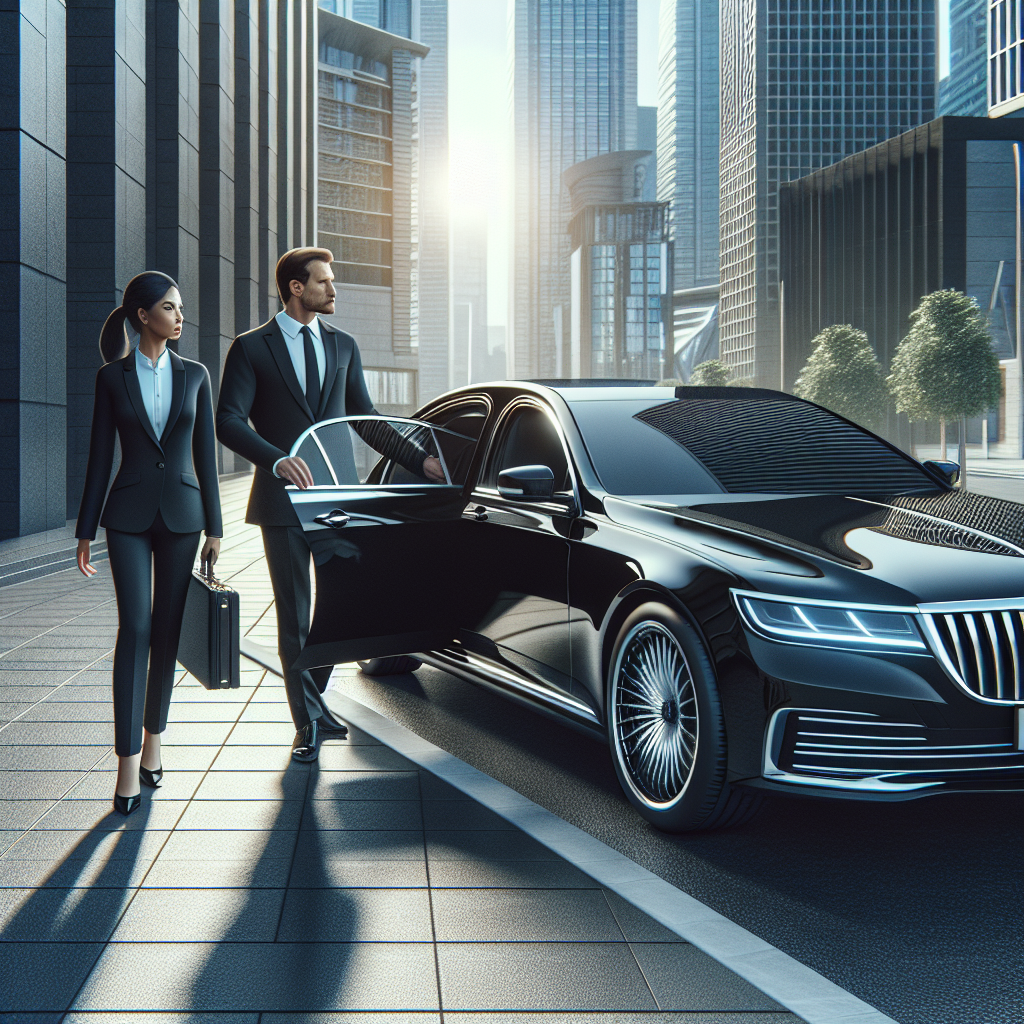 A luxury black car service with a chauffeur opening the door for a business traveler in a high-end urban setting.