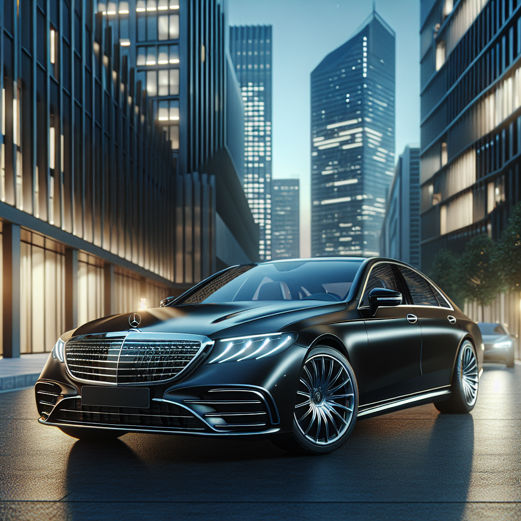 A sleek black luxury sedan parked on an urban street with a modern cityscape in the background.