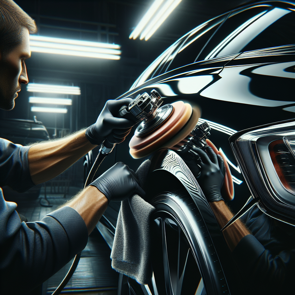 A person polishing a glossy black car, highlighting the shine and smoothness of the car's paint.