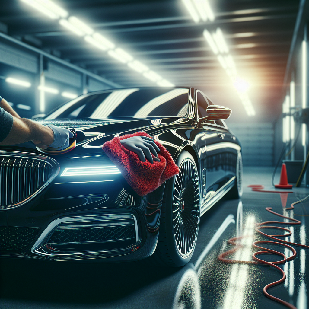 Hand polishing a black car in a well-lit garage with a glossy, mirror-like finish.