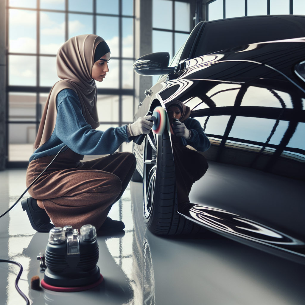 A person polishing a black car in a well-lit garage, showcasing the car's shiny, reflective, mirror-like finish.