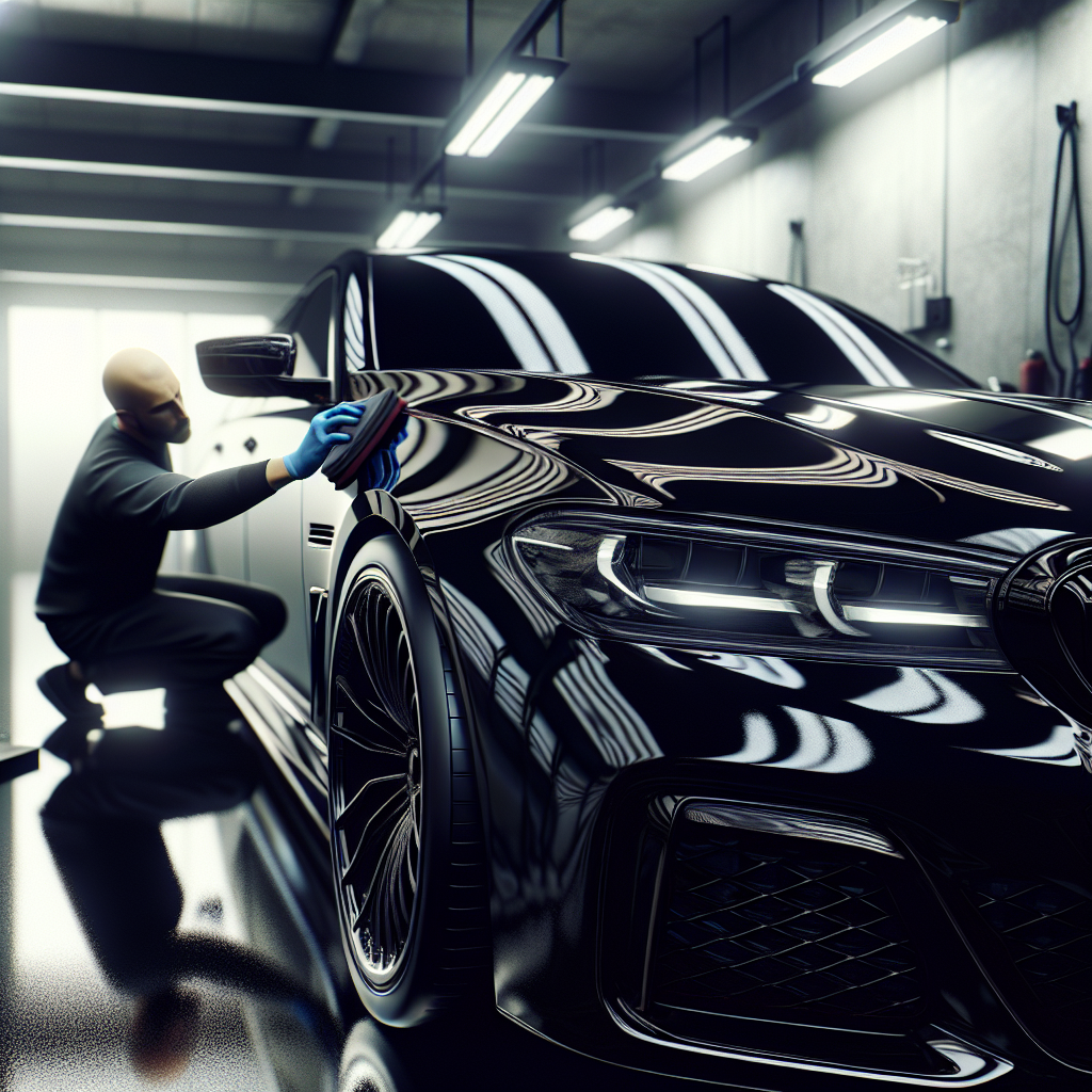 A person polishing a shiny black car in a garage, emphasizing the car's glossy, mirror-like finish.