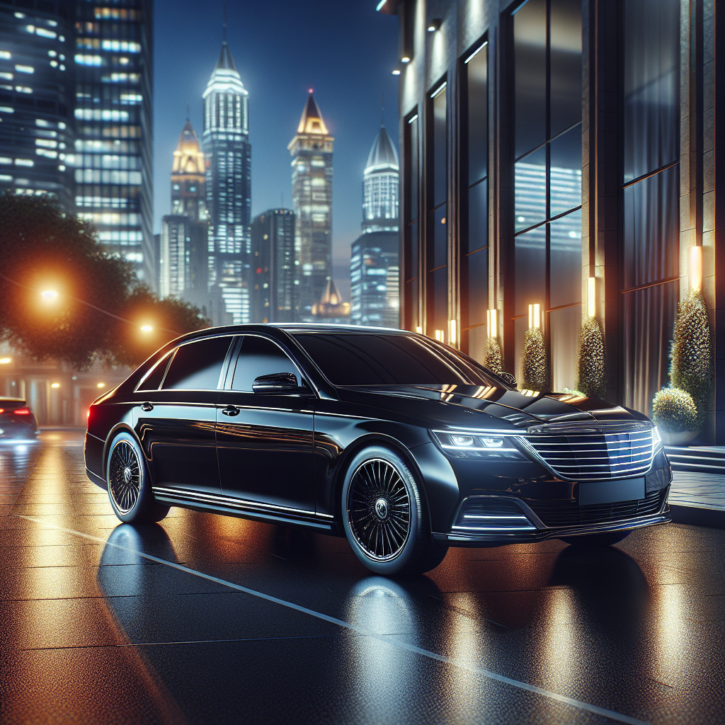 Luxury black sedan in an urban setting at dusk, showcasing premium design.