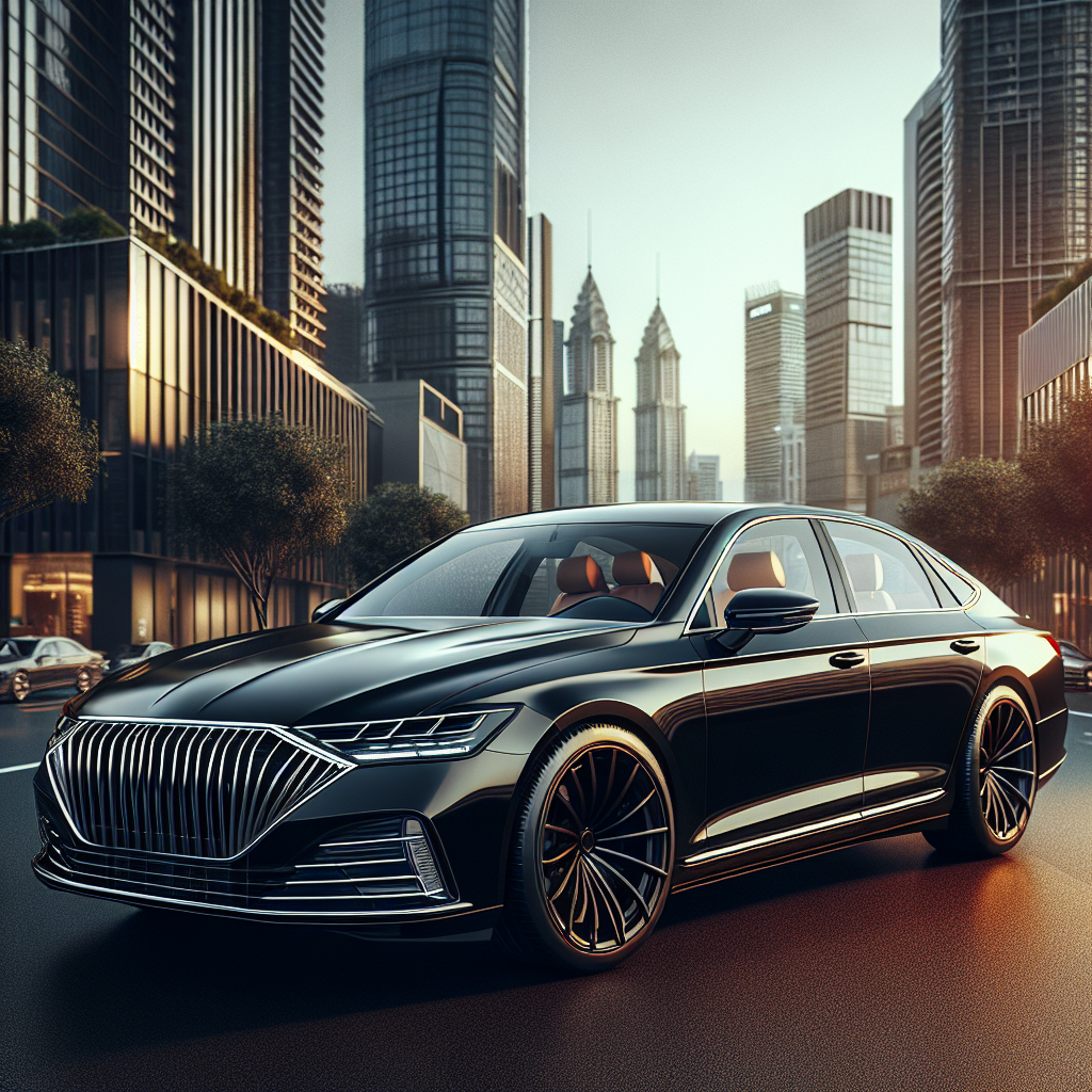 A luxury black sedan parked on a city street during golden hour.