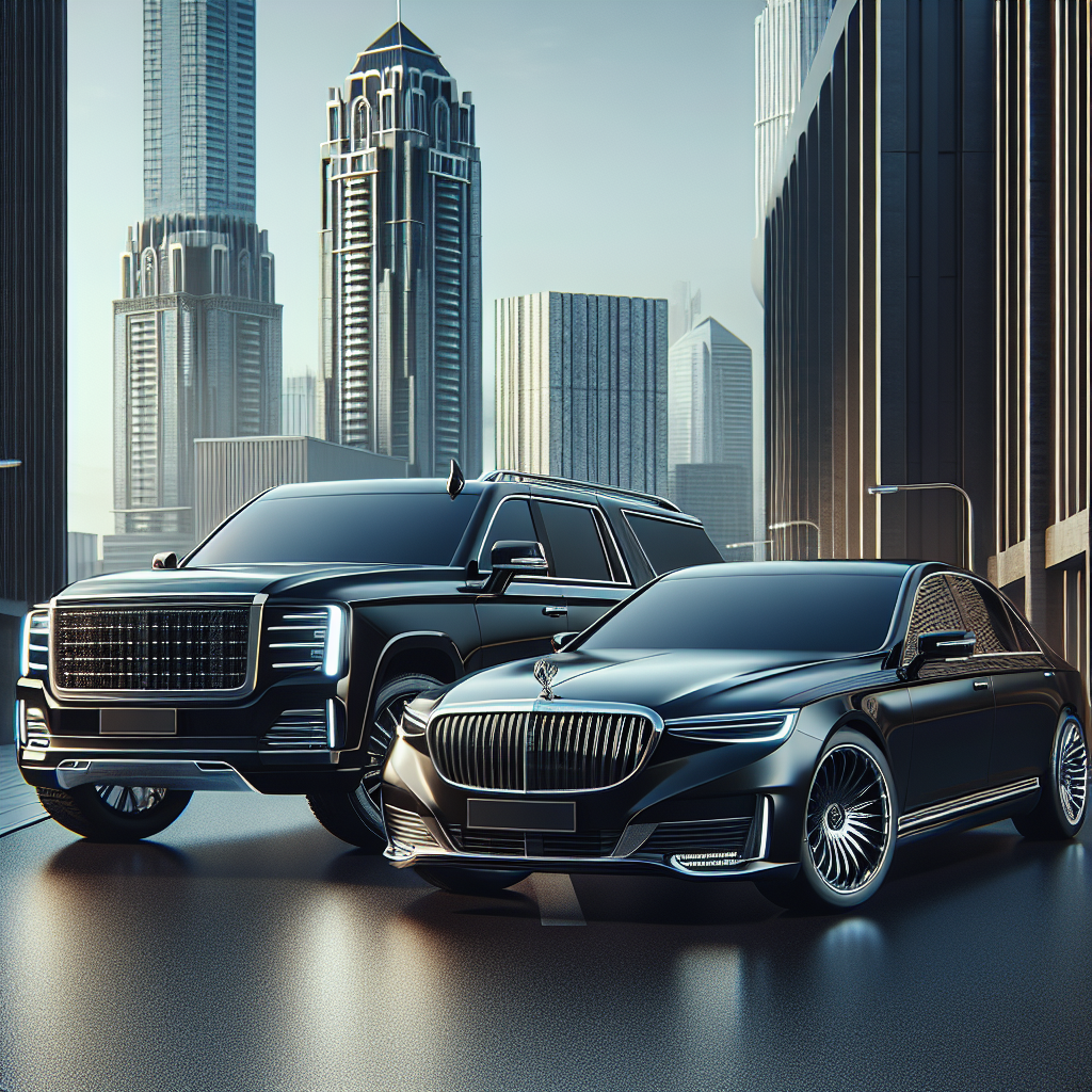 A realistic image of a sleek black sedan and a spacious black SUV in a modern urban setting, highlighting luxury car service.