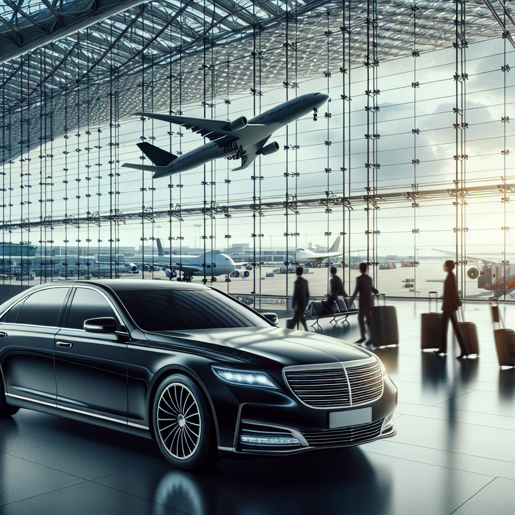 A black car providing airport service in front of a busy airport, with airplanes and travelers in the background.