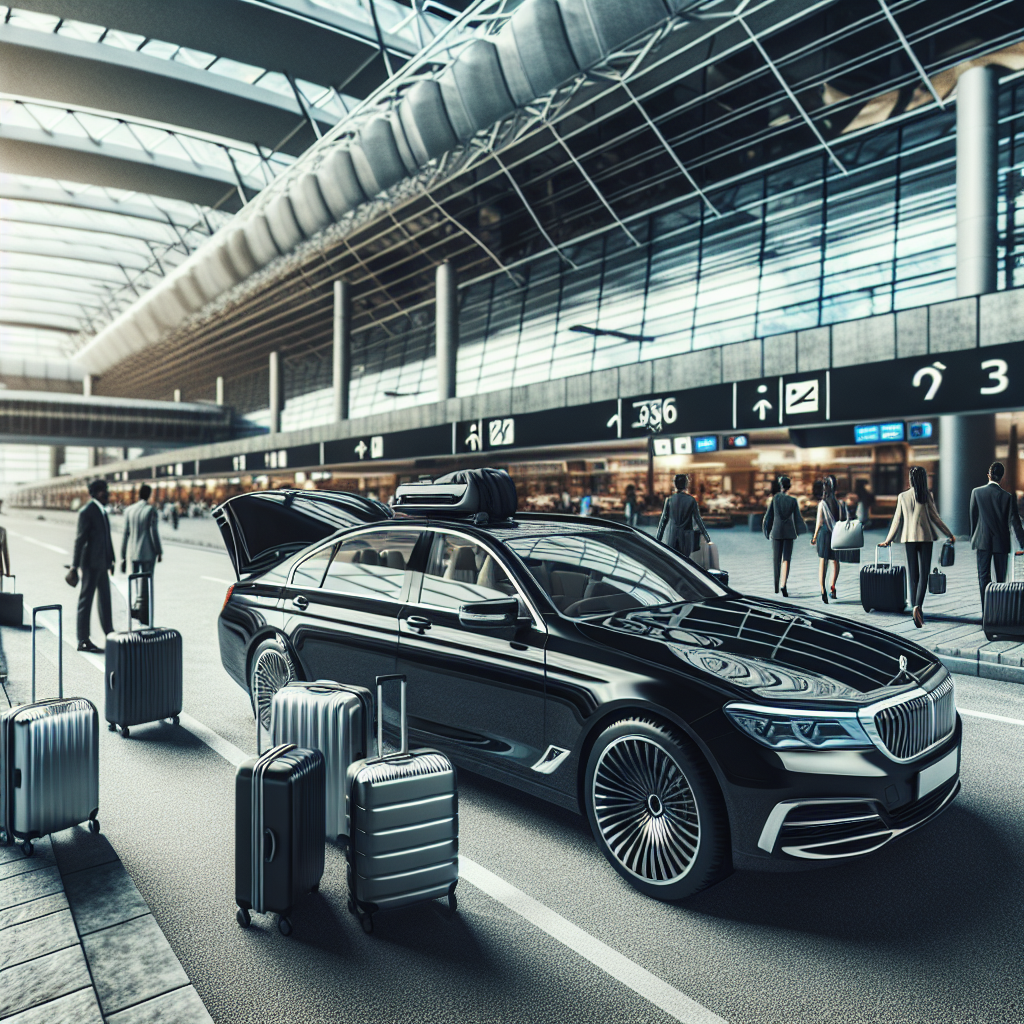 A realistic depiction of a black car airport service at a busy airport terminal, with luggage and passengers.