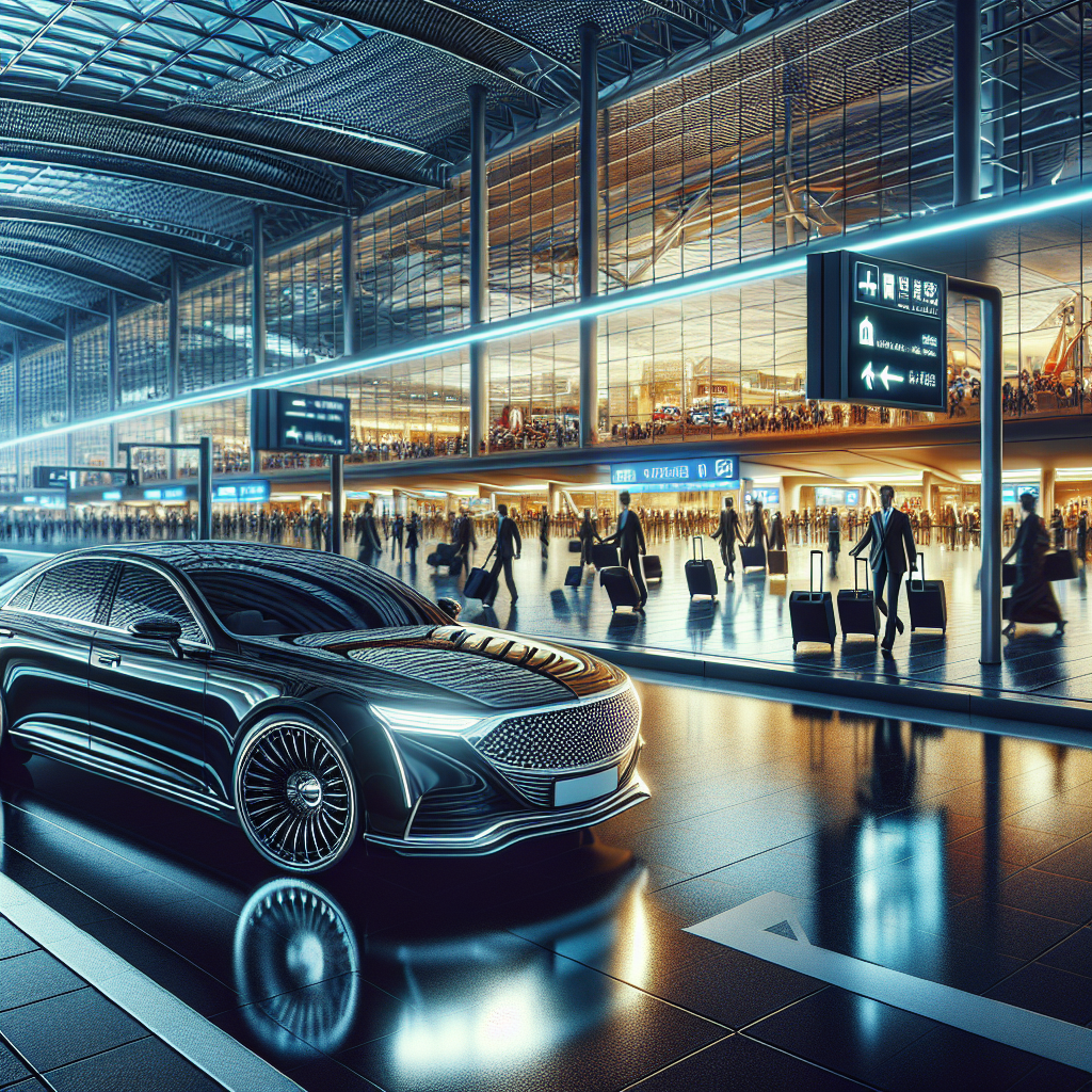 A realistic image of a black car providing airport service in front of a busy airport terminal.