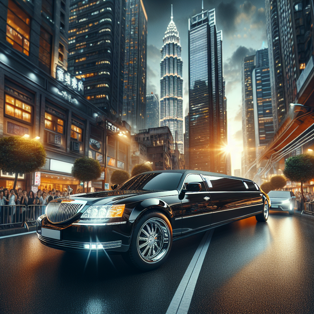 A realistic luxurious limousine on a vibrant urban street.