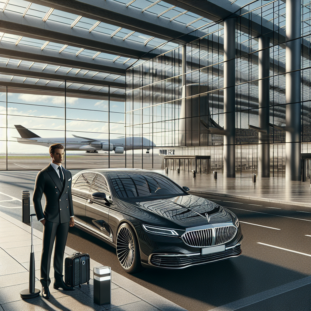 A luxury airport car service with a high-end car, modern airport, and a chauffeur.