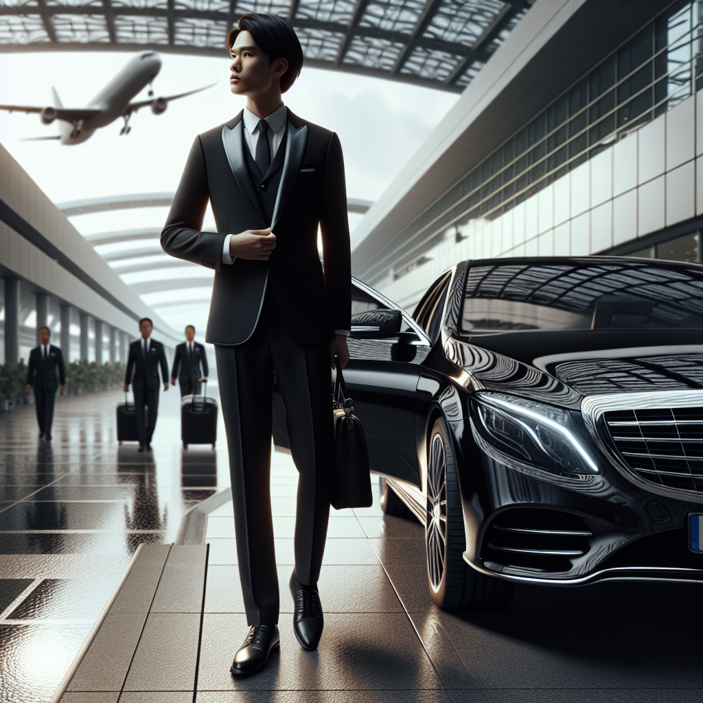 A realistic image of a luxury airport car service with a high-end car and chauffeur at an airport terminal.