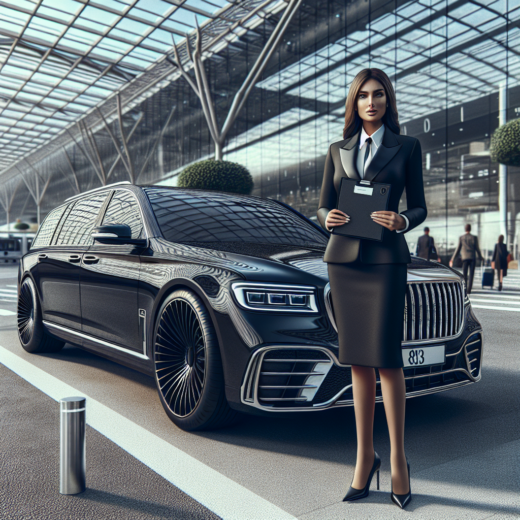 A luxury airport car service with a black car and a professional chauffeur at a modern airport terminal.