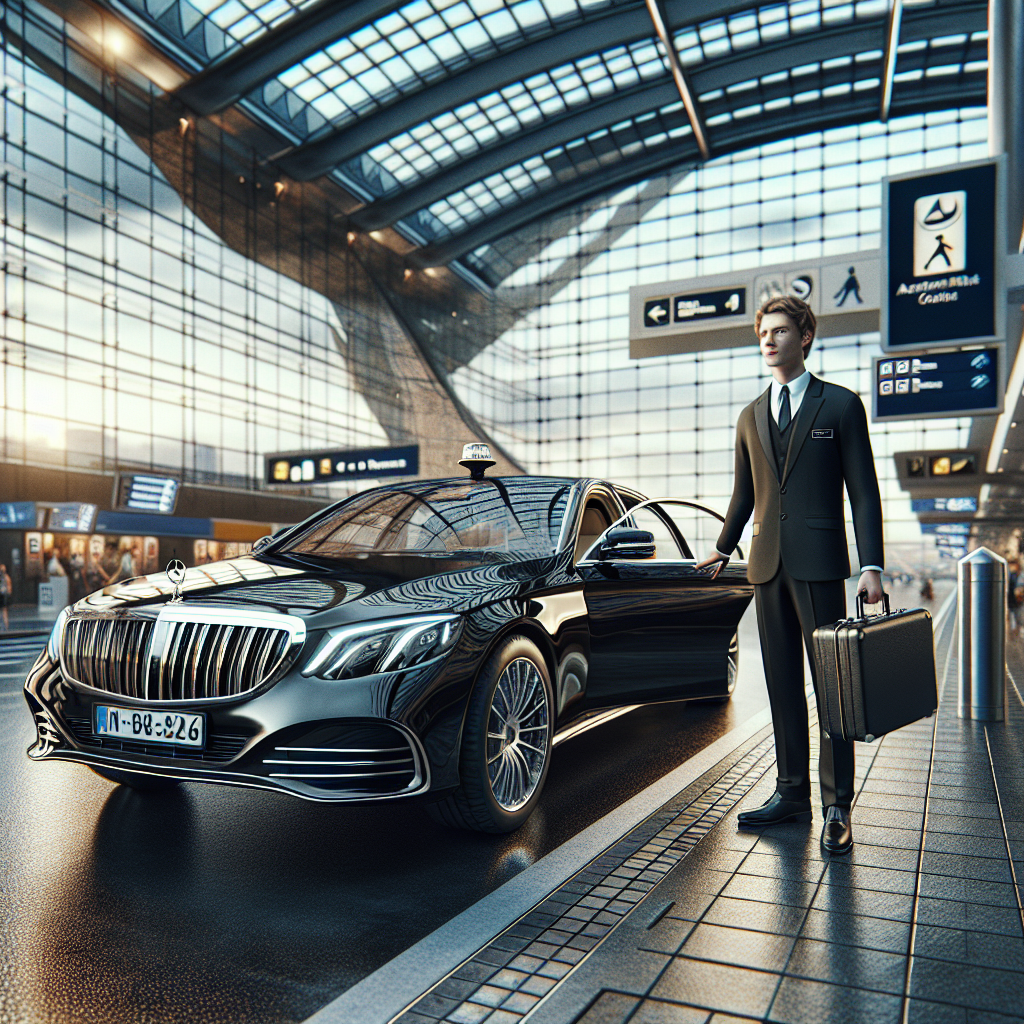 A luxury car service at an airport terminal with a chauffeur and modern background.