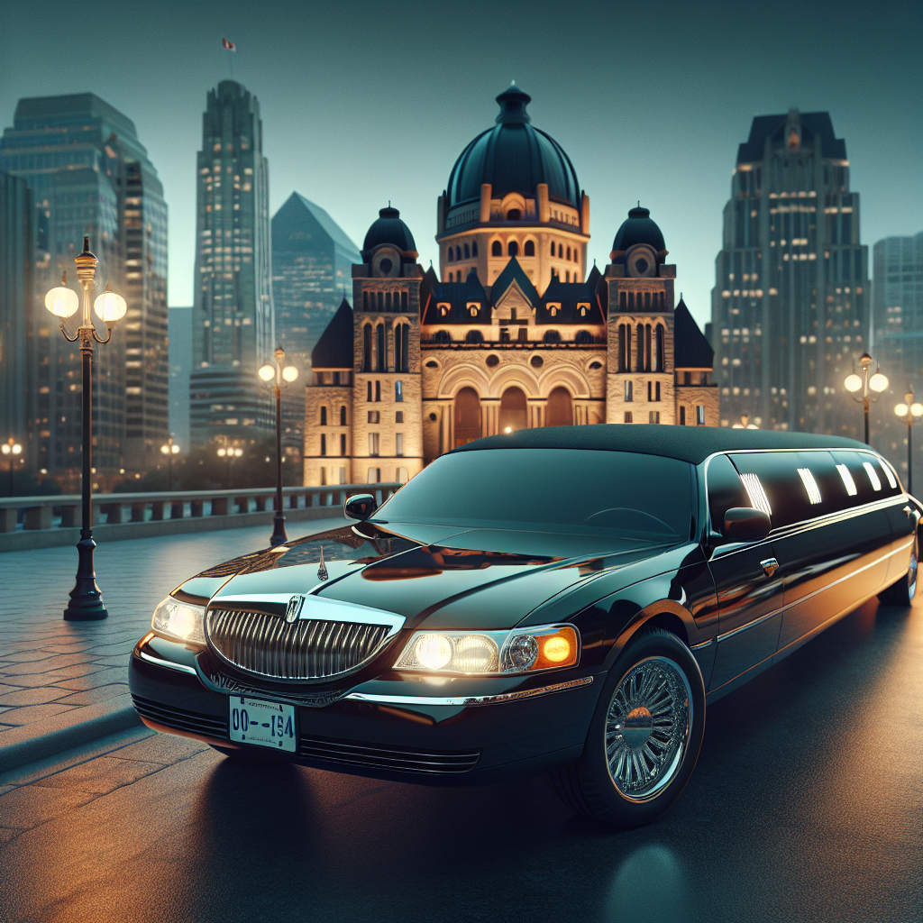 A black limousine parked in front of a notable Kitchener-Waterloo landmark during an evening setting.