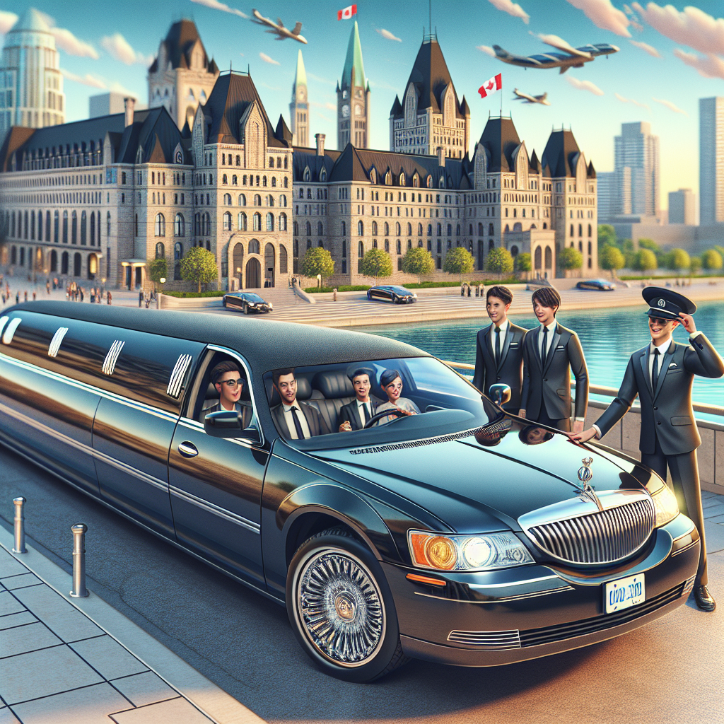 A luxurious limousine service in Kitchener-Waterloo, showcasing a high-end limousine parked in front of a hotel with a chauffeur greeting passengers.