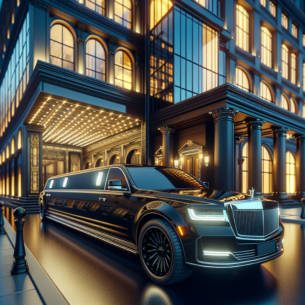 A luxurious limousine parked in front of an elegant venue at twilight.