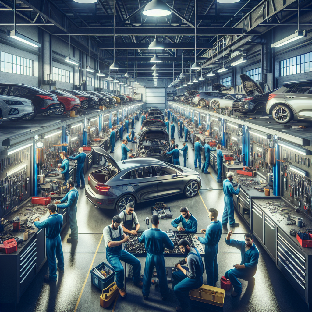 A realistic depiction of a busy car service garage with mechanics working on vehicles, inspired by 'https://example.com/hamilton_car_service.jpg'.