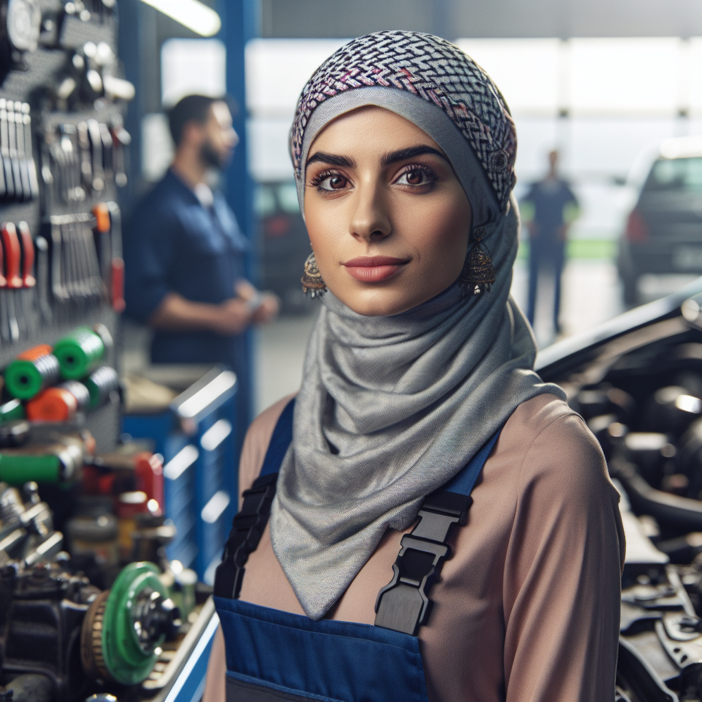 A realistic depiction of an auto mechanic from Hamilton Car Service working on a car in a detailed and busy garage.