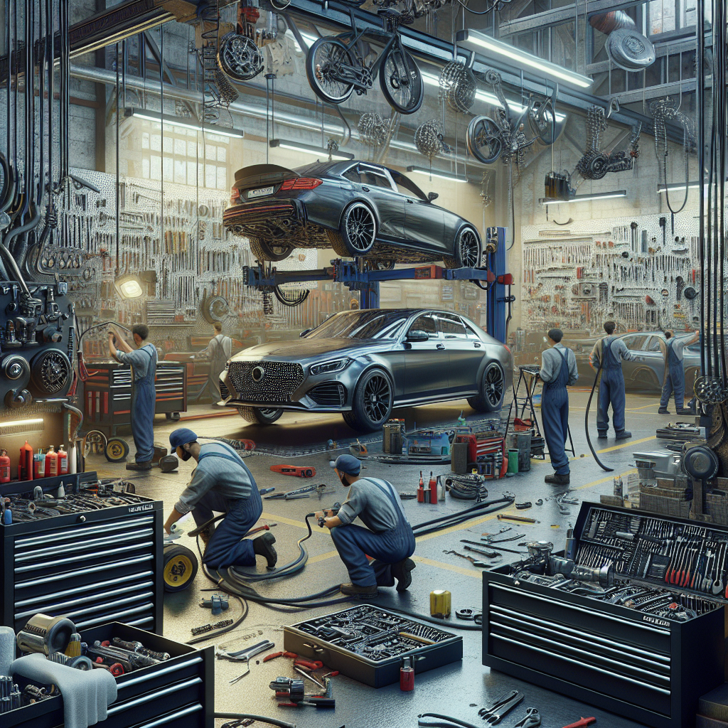 A realistic depiction of a busy car service garage with mechanics working on cars.