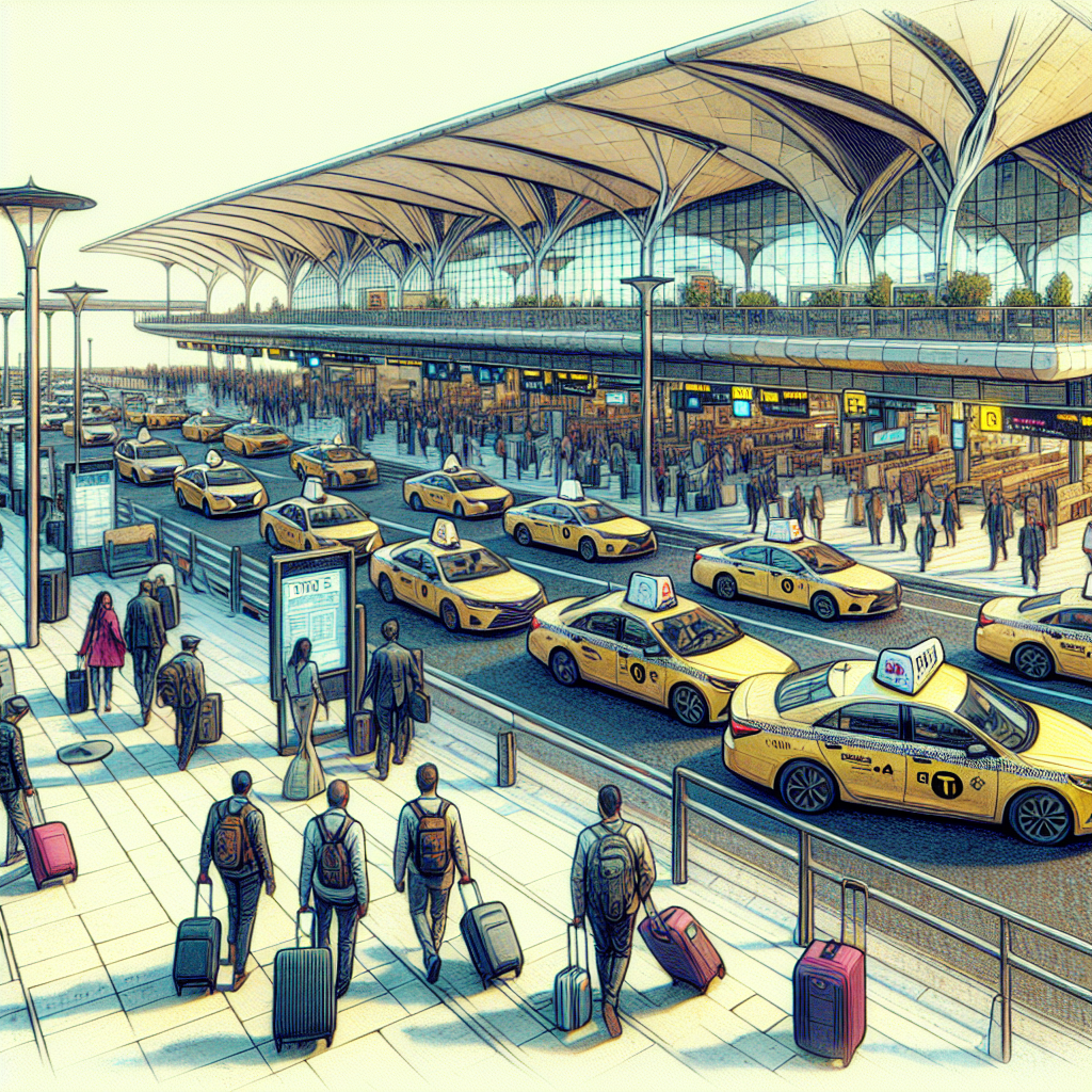 A realistic depiction of a busy airport taxi stand at Waterloo Airport with several taxis, passengers, and modern terminal architecture in the background.