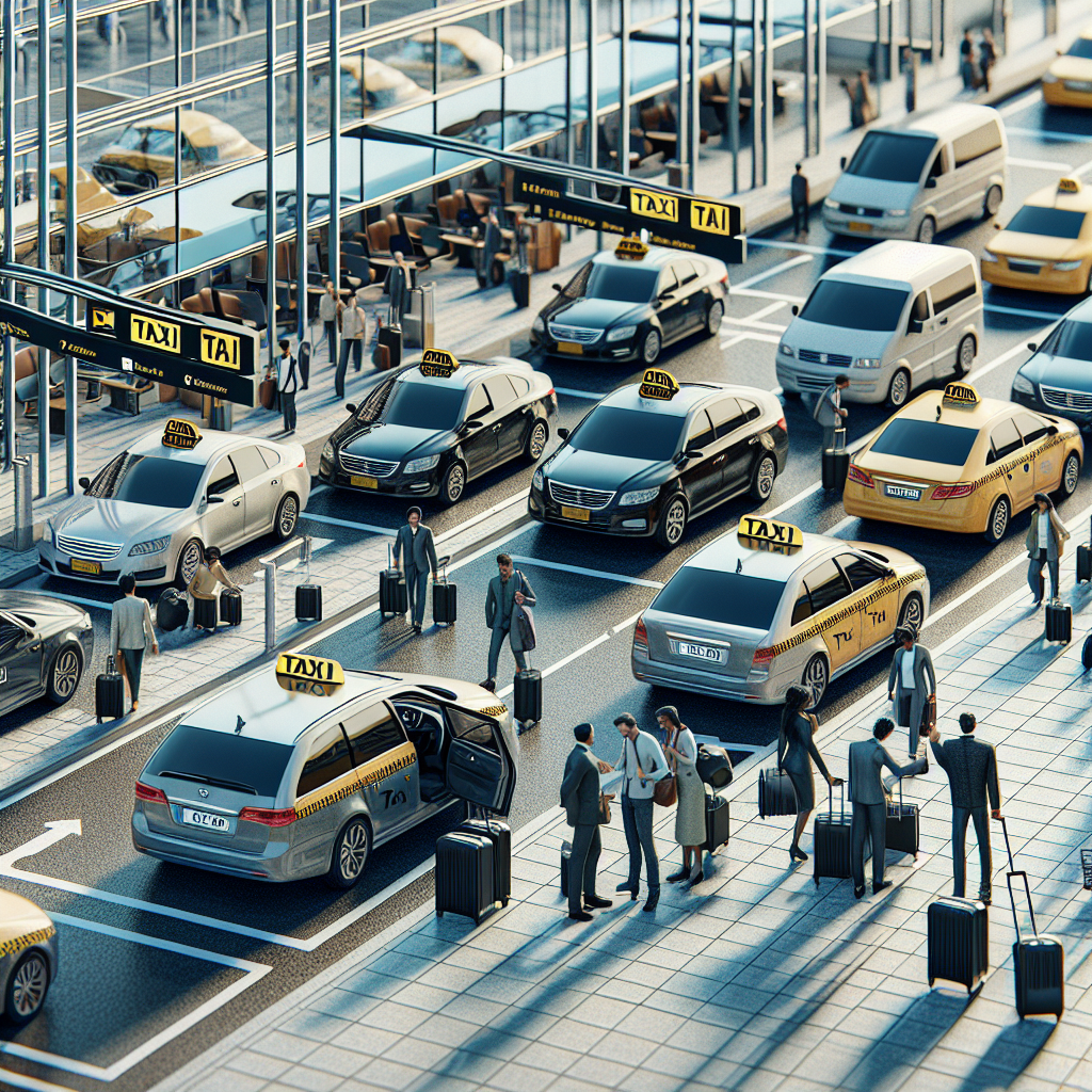 A realistic depiction of Waterloo Airport taxi stand with multiple taxis in line and passengers.