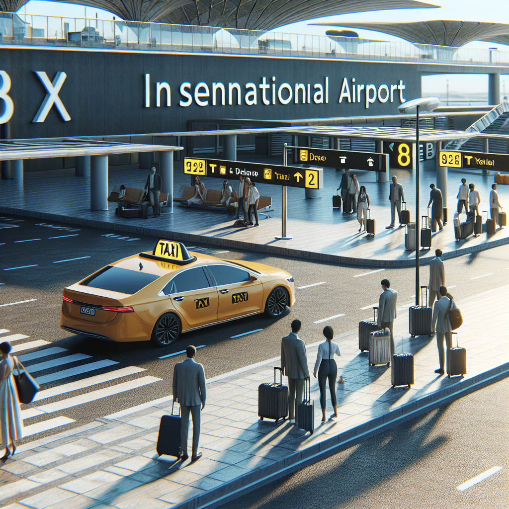 A taxi at Waterloo Airport with passengers and airport signage in the background.