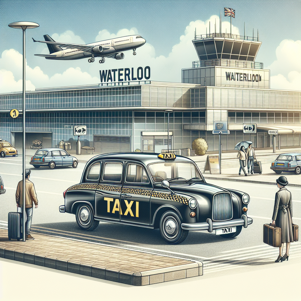 A realistic image of a taxi at Waterloo Airport, picking up or dropping off passengers.