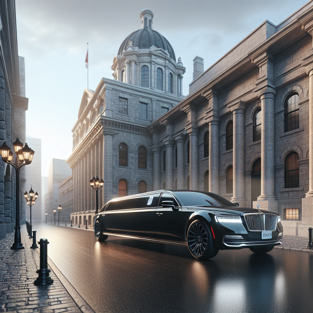 A limousine parked in front of a historic building in Waterloo.