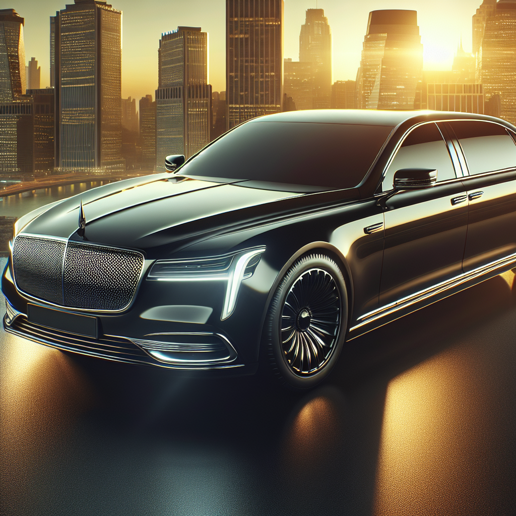 A realistic image of a sleek black Lincoln limousine against a city backdrop at golden hour.