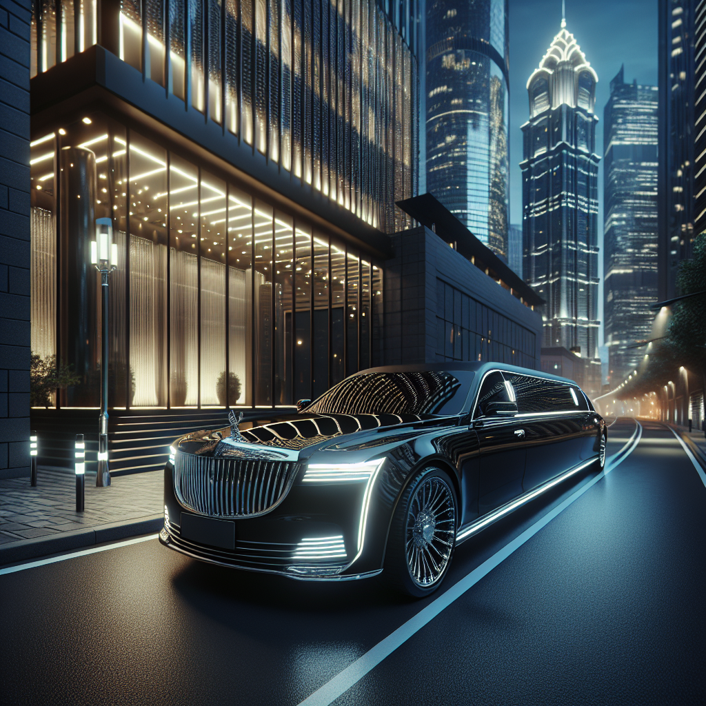 A realistic image of a black limousine on a city street during twilight.