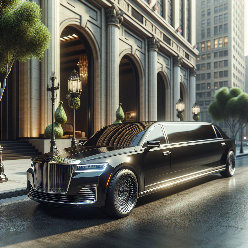 A realistic depiction of a black limousine parked by the curb.