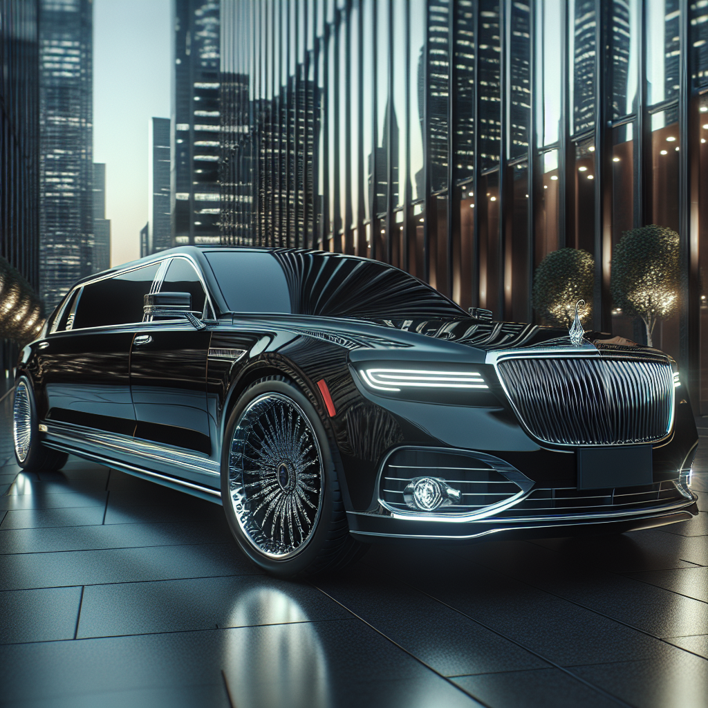 A polished black limousine on a city street with modern buildings in the background.