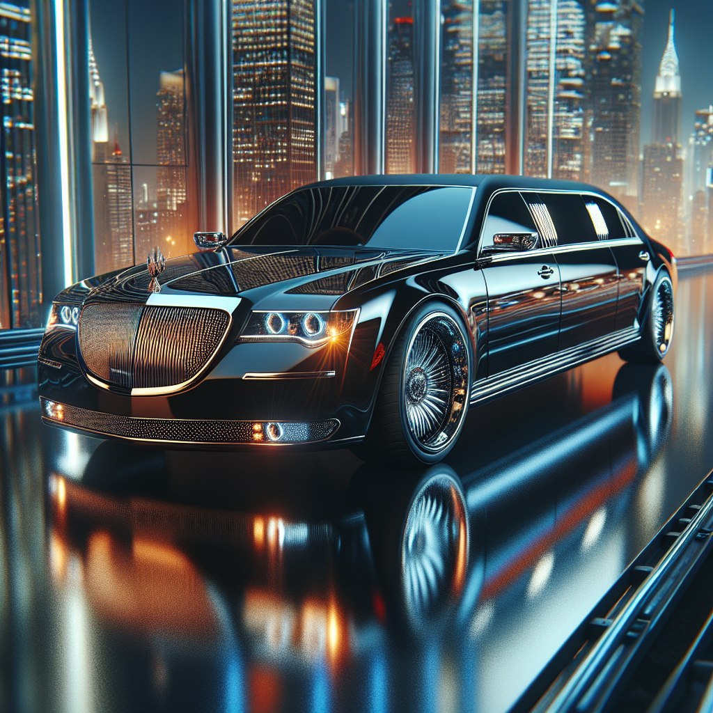 A sleek, black limousine with chrome accents against an urban backdrop.