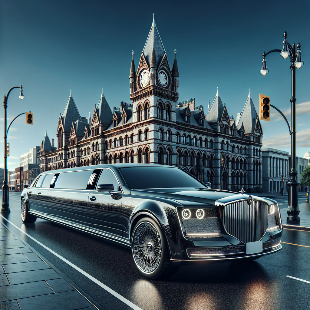 A realistic luxury limousine in London, Ontario with city landmarks in the background.