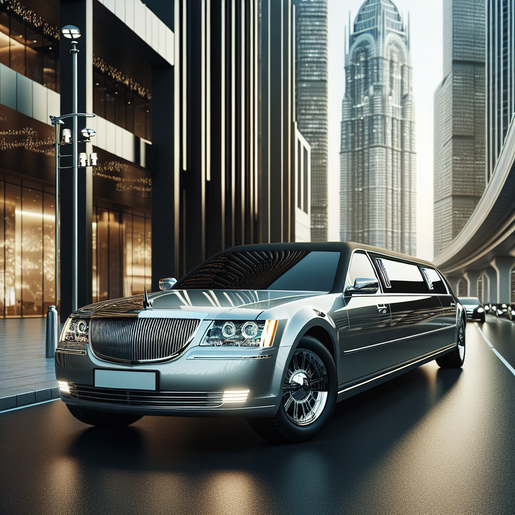 A luxury limousine in a city setting with modern buildings and clean streets.