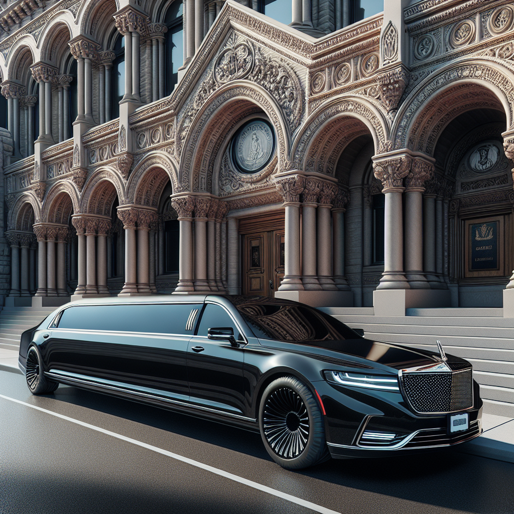 A realistic image of a luxury limousine parked in front of a historic building in Waterloo.