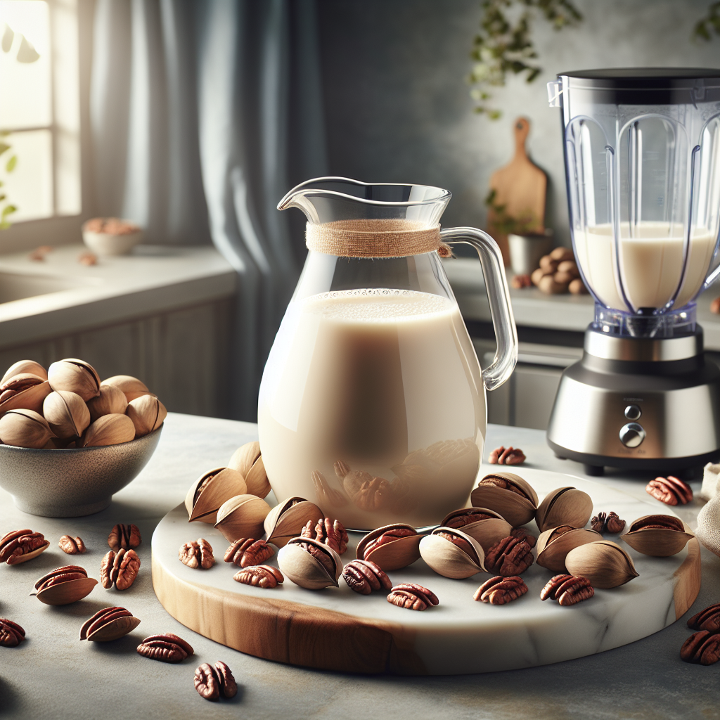 Modern kitchen countertop with a jug of creamy pecan milk, whole pecan nuts, and a MilkDepot.ca blender.