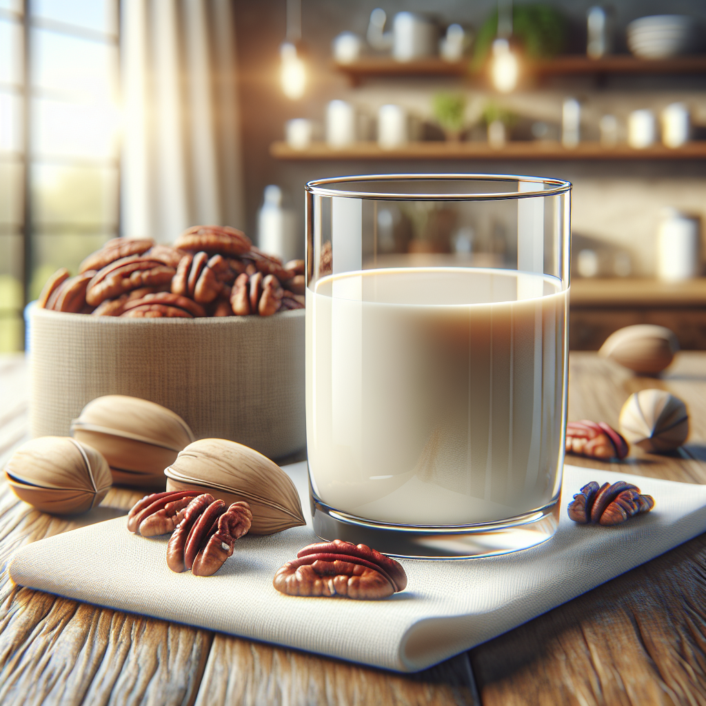 A clear glass filled with pecan milk on a wooden table, accompanied by whole pecans on a white napkin, with a blurred kitchen background and natural lighting.