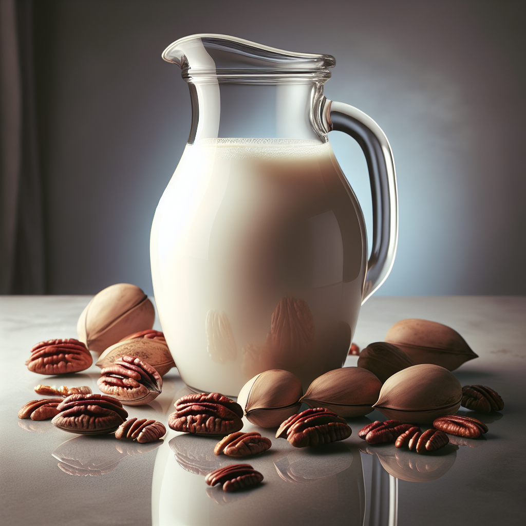 A jug filled with creamy pecan milk and whole pecans on a white surface.