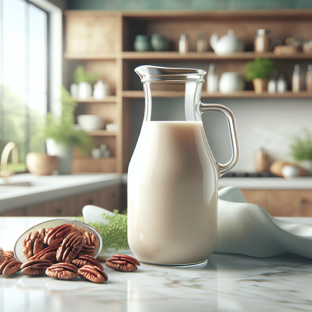 A glass jug of creamy pecan milk on a white countertop with soaked pecans beside it, in a modern, eco-friendly kitchen background.