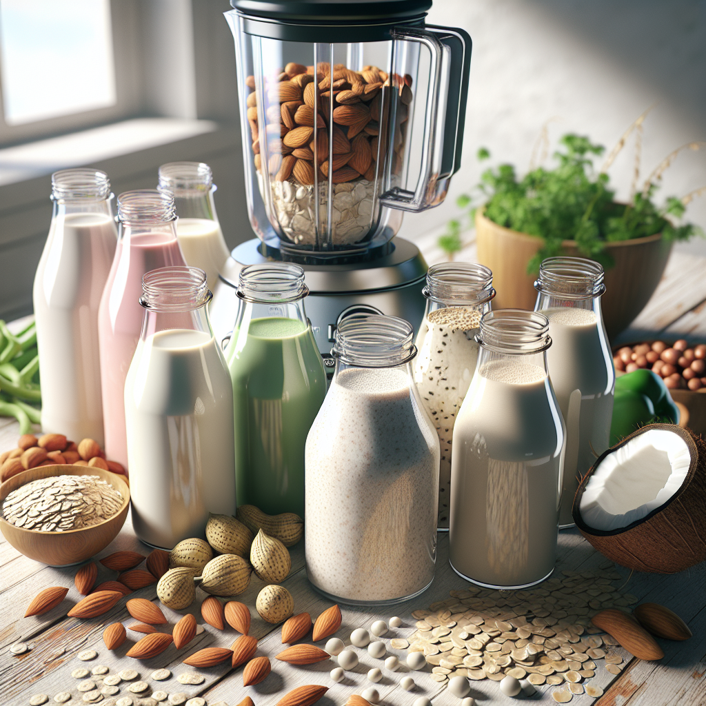 Assorted glass containers of plant-based milk on a wooden kitchen counter next to a modern blender, with natural ingredients in the background, symbolizing healthy and sustainable living.