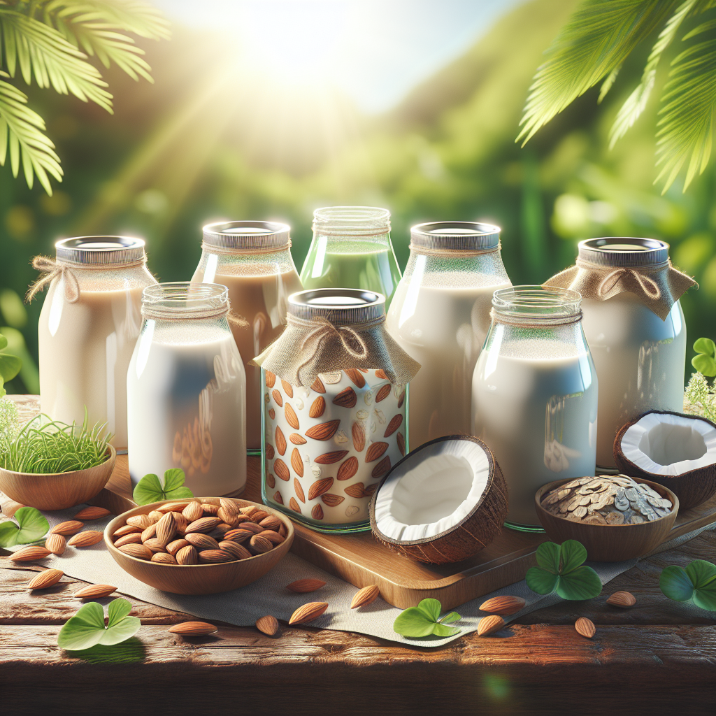 Assorted plant-based milks in labeled glass jars on a wooden table with a green, natural background.