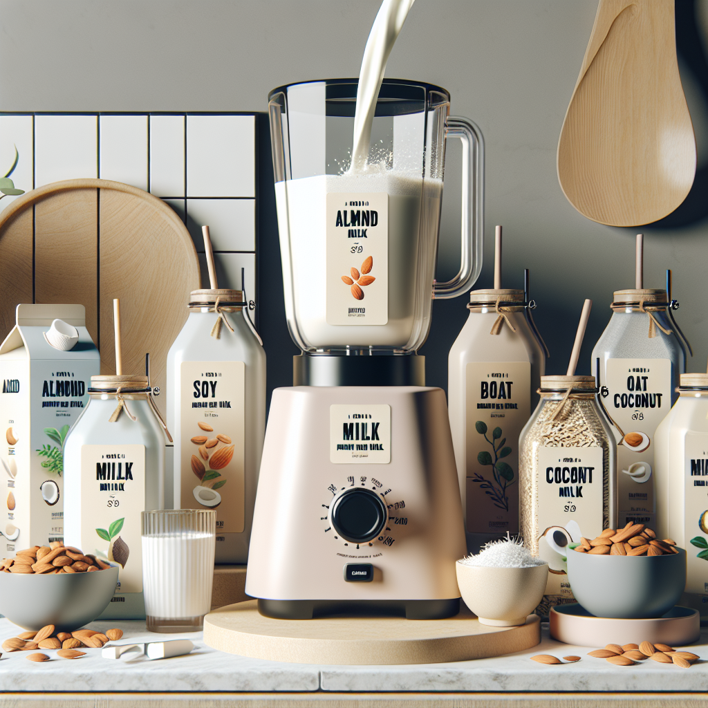 Assorted plant-based milk containers on a kitchen countertop with a MilkDepot.ca blender pouring plant-based milk.