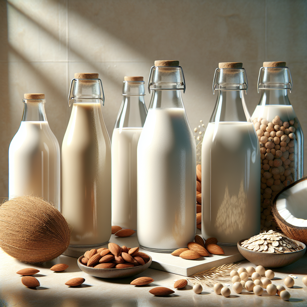 Assorted plant-based milks in glass bottles, each with an indication of their type, on a light, earthy background with soft natural lighting.