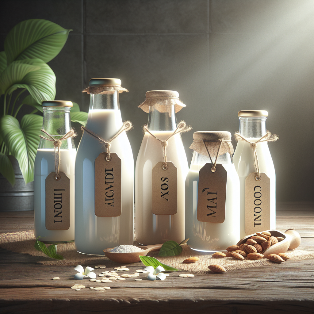 Assorted plant-based milks in clear bottles on a wooden table, with tags, under soft lighting